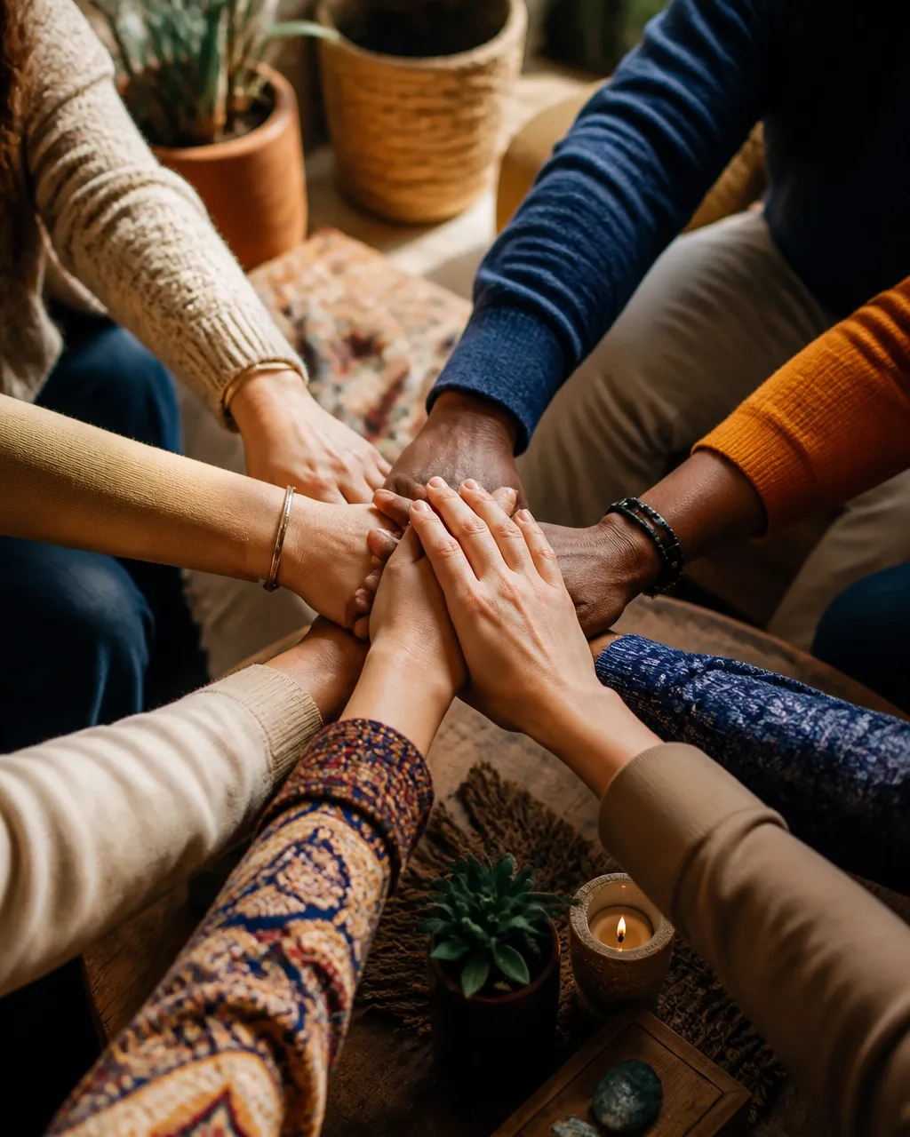 Community members place their hands together in a circle of support.