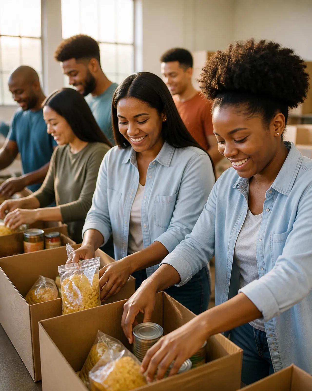 Volunteers pack food and supplies into boxes for community support.