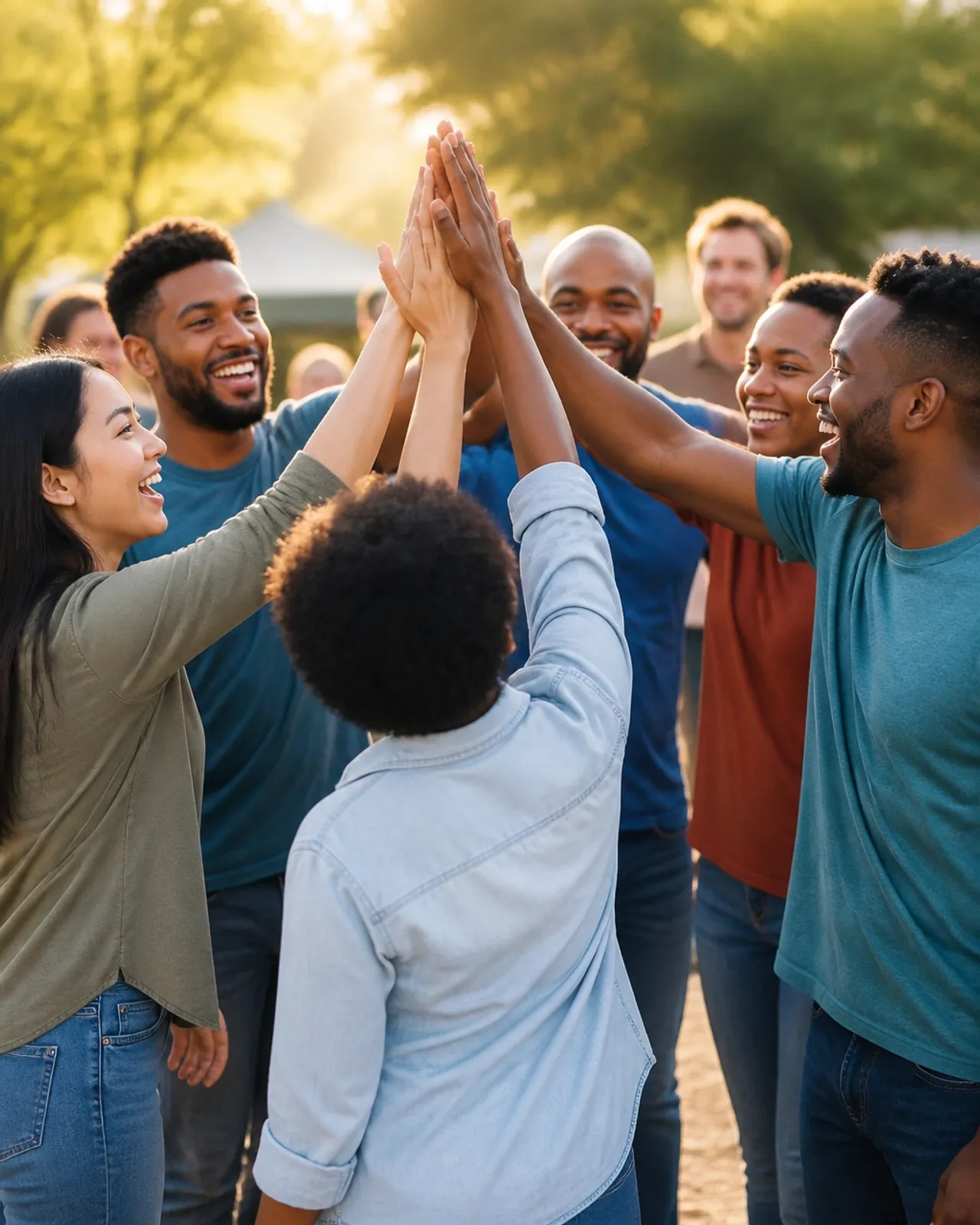 Volunteers celebrating together at a community gathering.