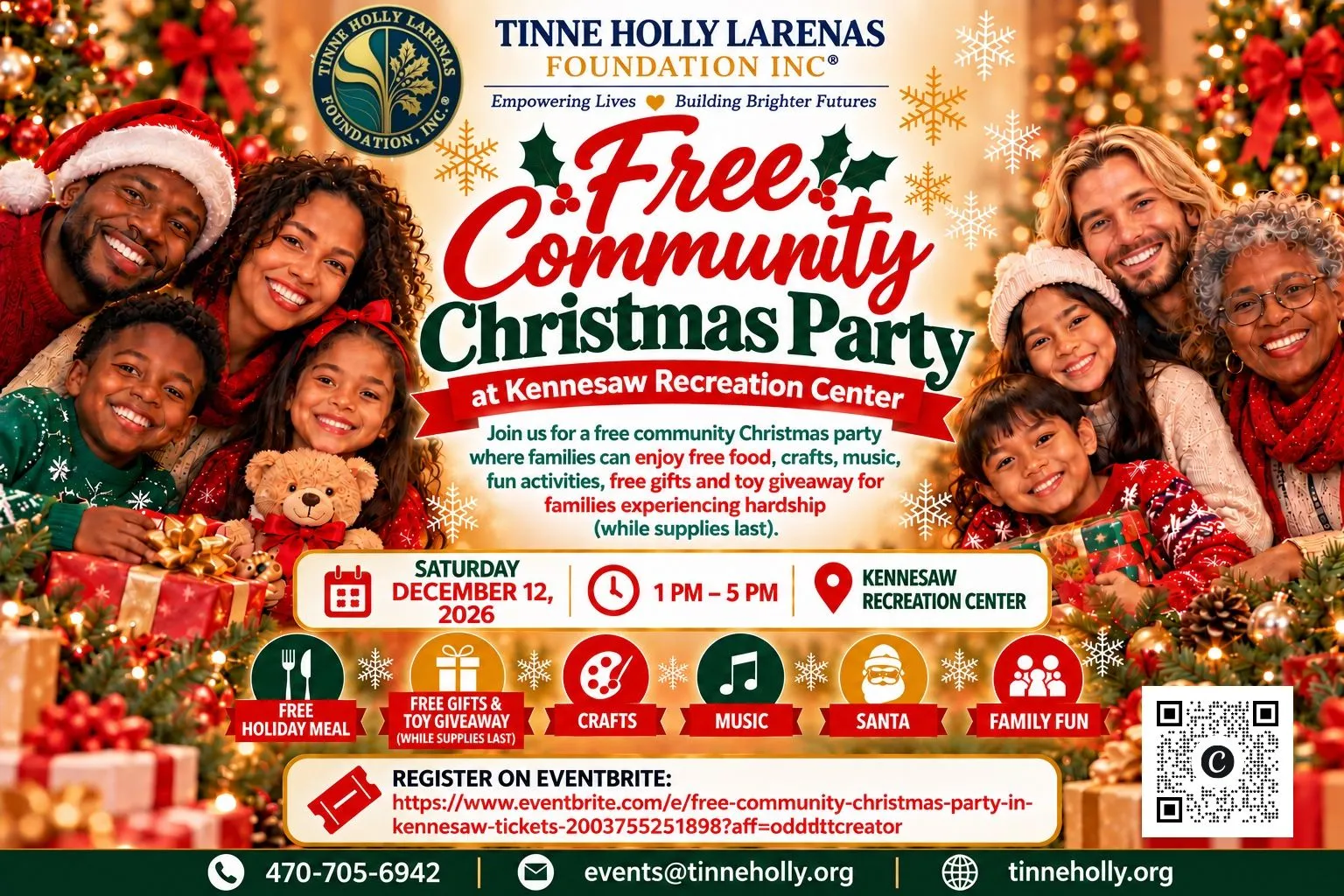 Community Christmas party flyer with holiday activities, a meal, and toy giveaway information.