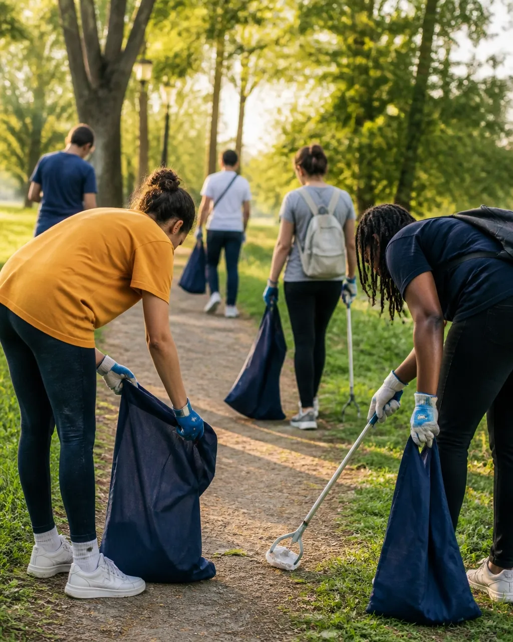 Volunteers in gloves collect litter along a sunny park path.