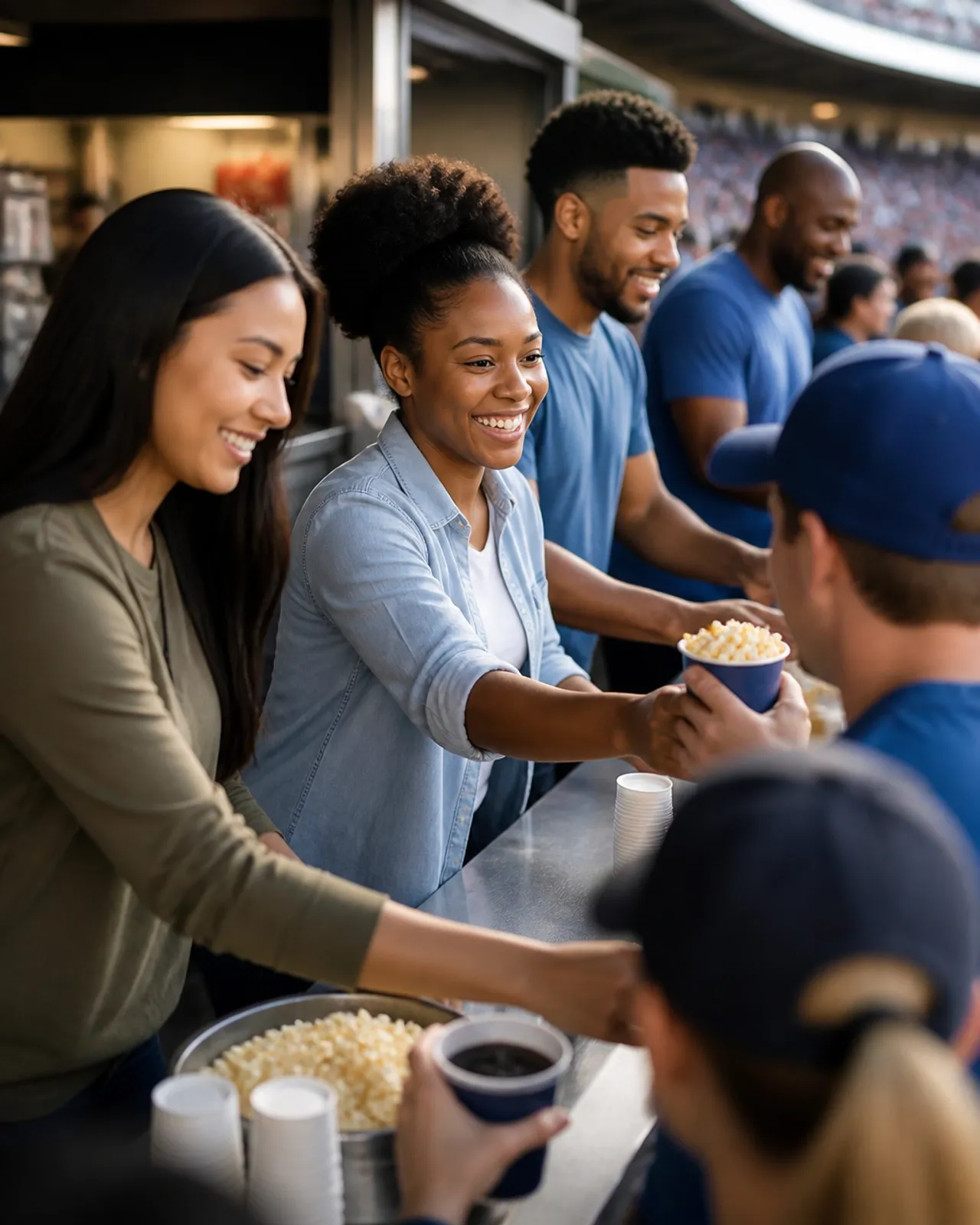 Volunteers serving food and drinks at a stadium concession stand.