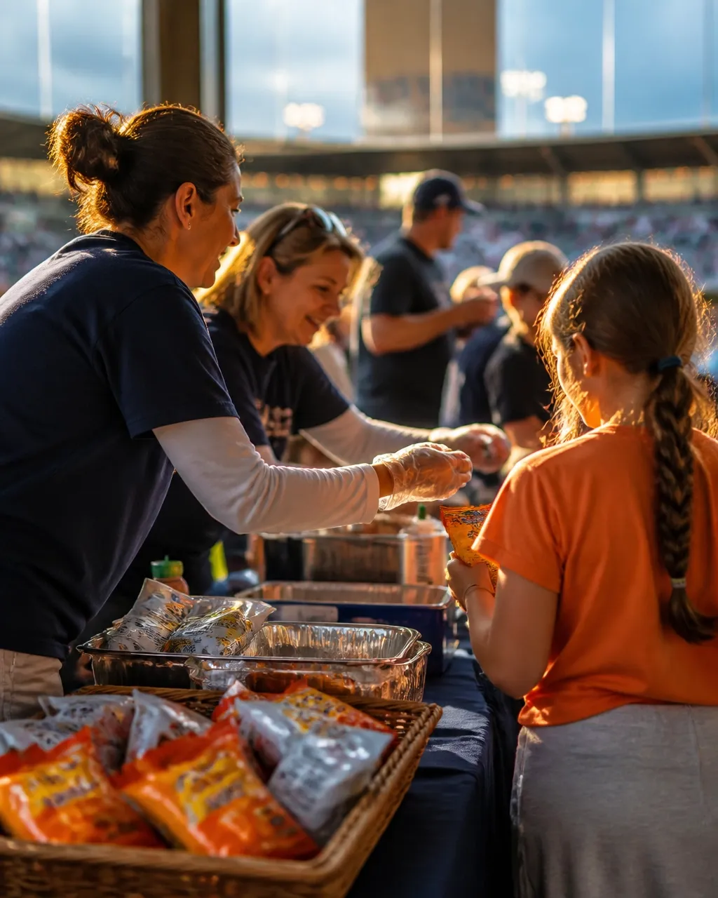 Volunteers serve food at a warmly lit community fundraising event.