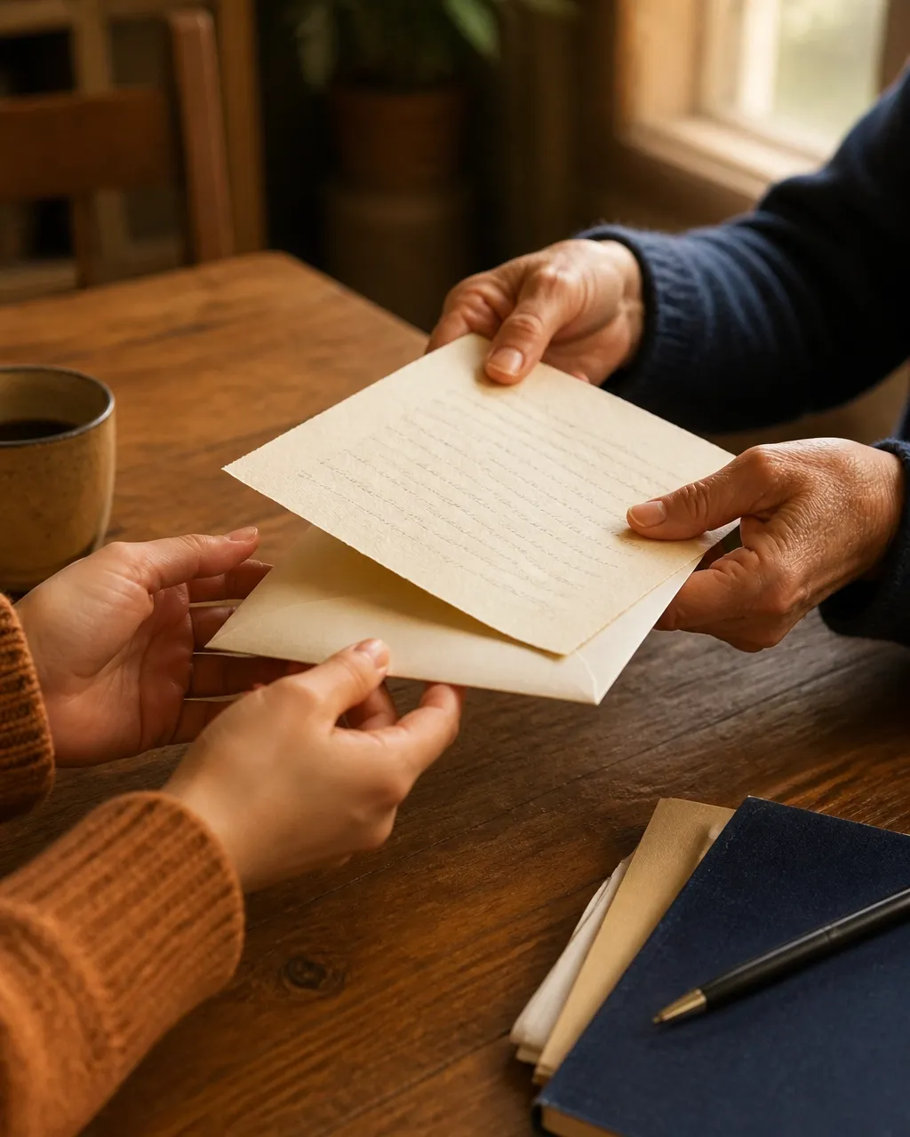 A handwritten letter being exchanged between two people at a table.