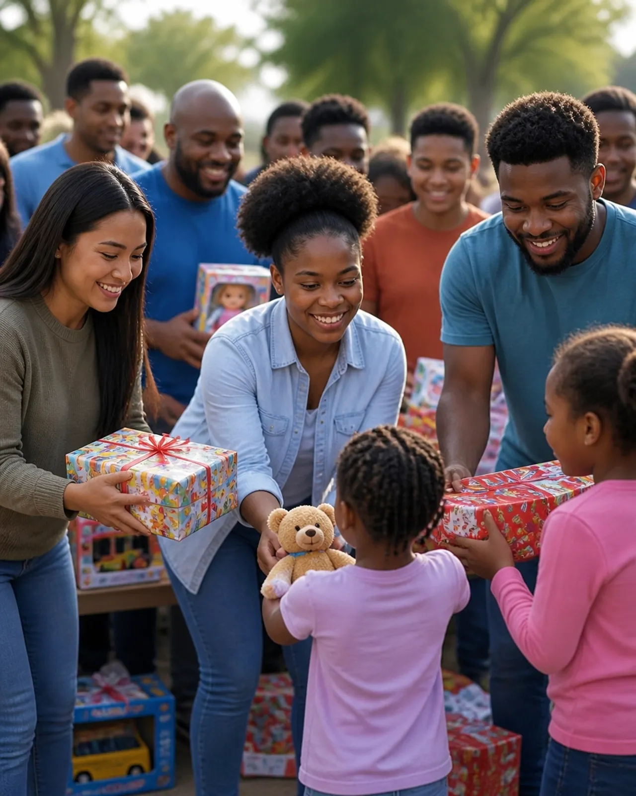 Volunteers distributing toys to families and children.