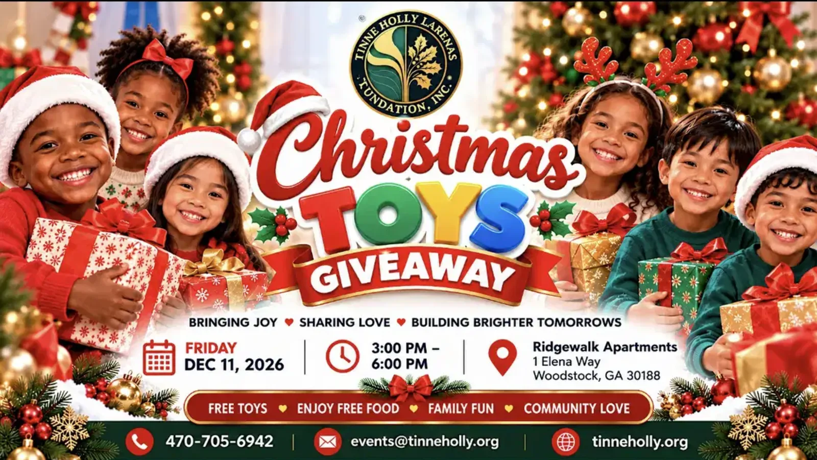 Christmas Toy Giveaway flyer for Woodstock, Friday December 11, 2026, 3 to 6 PM, at Ridgewalk Apartments.