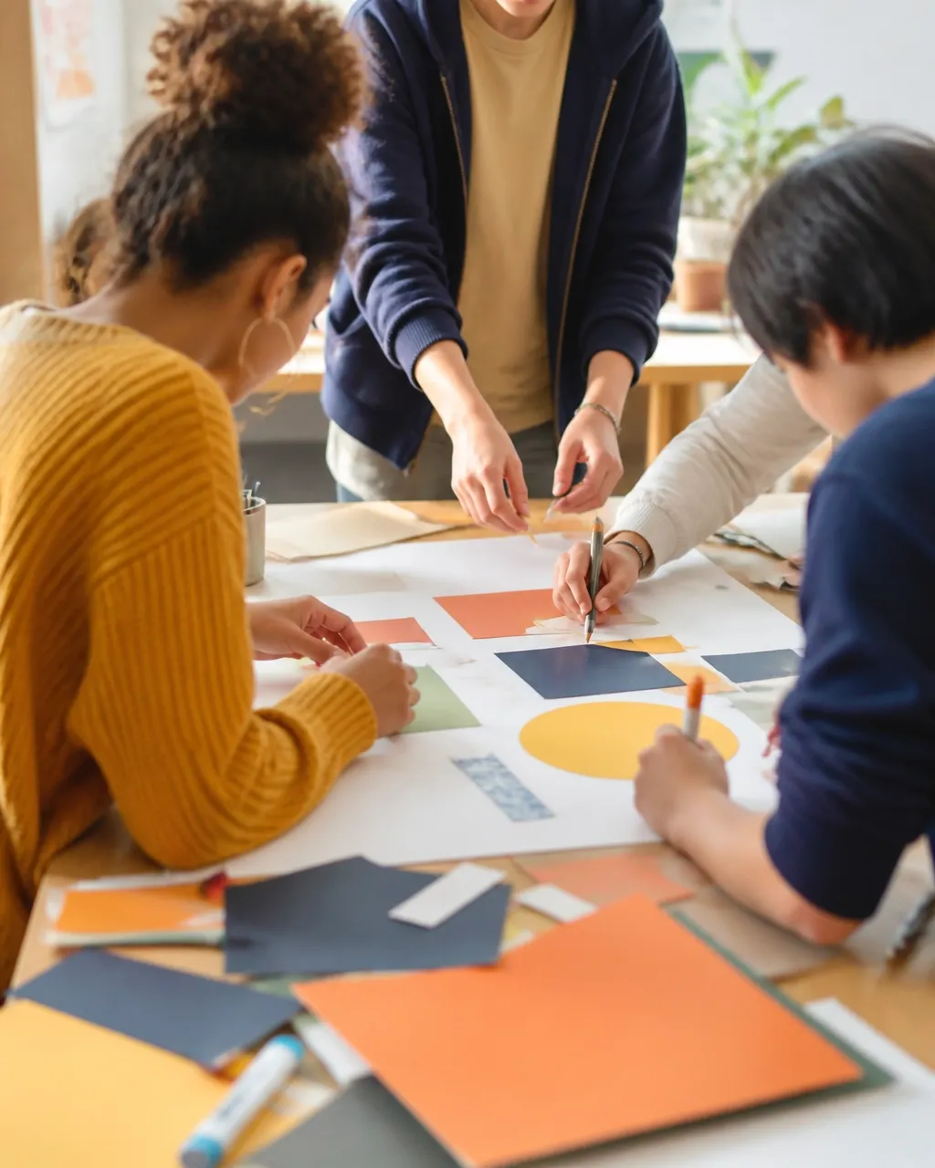Young people collaborate around a table during a bright creative workshop.